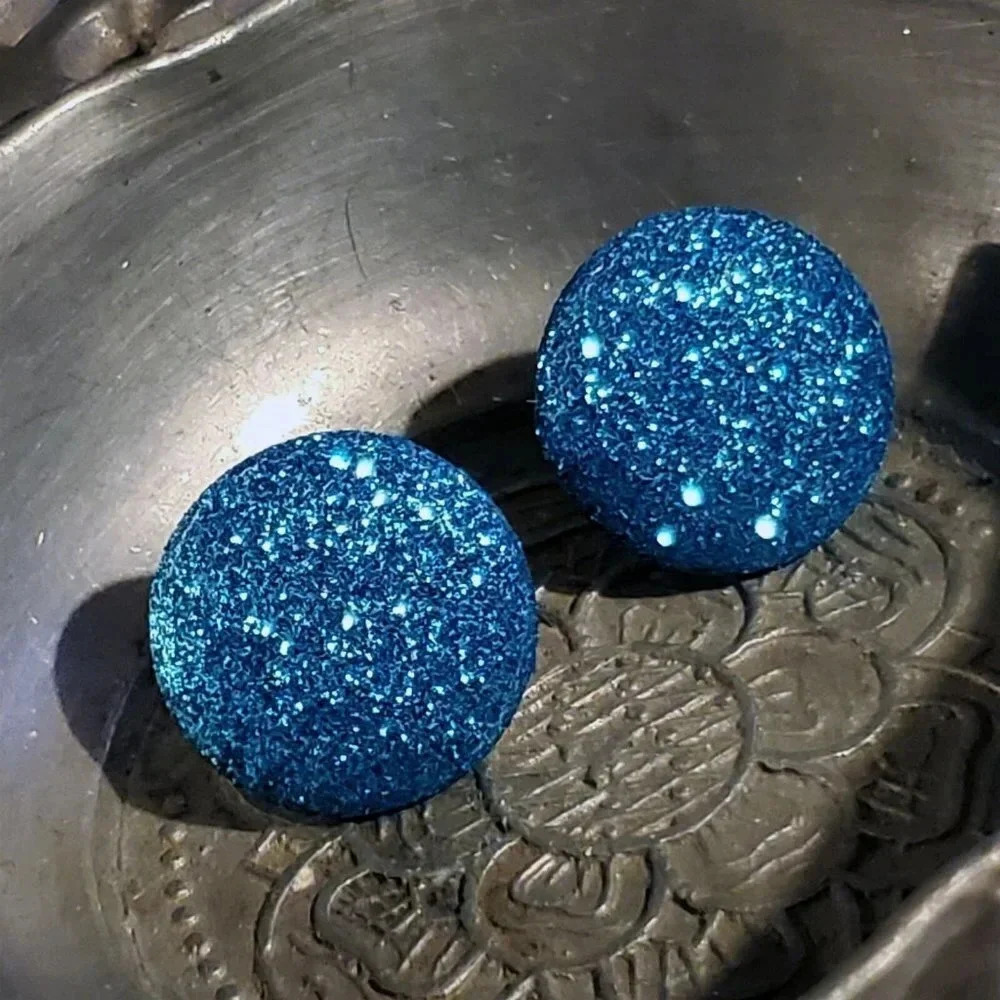Retro 80s Club Glam Disco Sparkly Turquoise Blue Fabric Button Earrings - Picture 6 of 10